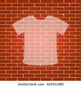 T-shirt sign. Vector. Whitish icon on brick wall as background.