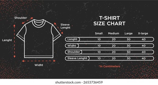 t-shirt tamanho gráfico fundo escuro. Moderno trendy manga curta tamanho tabela de tabela gráfico de dimensionamento de camiseta Vetor ilustração . Guia infográfico. Medições de roupas. Modelo de desenho técnico Ilustração do vetor