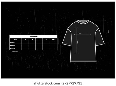 T-shirt tamanho gráfico dengan fundo hitam. Ilustração vetorial da tabela de tamanho de t-shirt de manga curta mais popular.