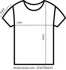 T-shirt size chart guide with measurement lines for chest, length, and sleeve, flat vector illustration of a shirt mockup isolated on white background.