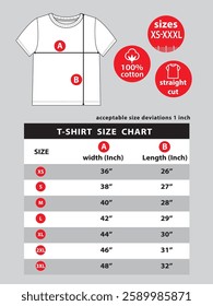 T-shirt size chart for marketplaces and web side