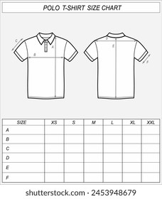 Tshirt size chart. Polo t shirt front and back sketch. Clothing measurements. Men CAD mockup. Technical drawing template Vector illustration