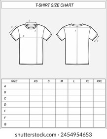 Tshirt size chart. T shirt front and back sketch. Clothing measurements. Men CAD mockup. Technical drawing template Vector illustration