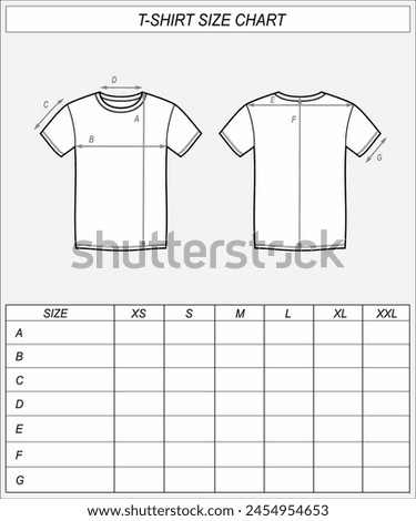 Tshirt size chart. T shirt front and back sketch. Clothing measurements. Men CAD mockup. Technical drawing template Vector illustration