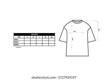 Vetor gráfico de tamanho de camiseta. Ilustração vetorial da tabela de tamanho de t-shirt de manga curta mais popular.