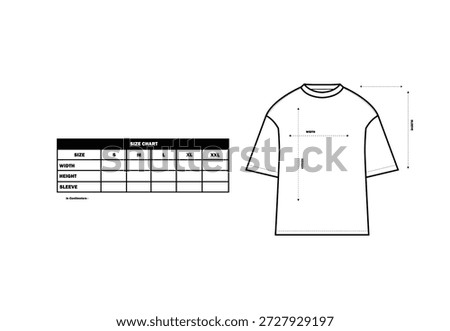 T-shirt size chart vector. Vector illustration of the most popular trendy short-sleeved t-shirt size chart.