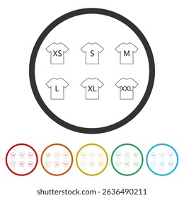 T-shirt size icon. Set icons in color circle buttons