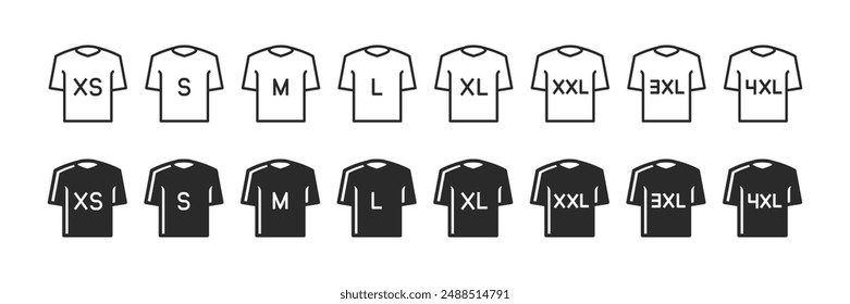 Conjunto de iconos de tamaño de camiseta. Etiqueta de talla de ropa XS, S, M, L, XL y XXL. Ilustración vectorial aislada