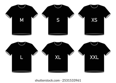 T-shirt size vector icon set. Clothing, T-shirt size  xs to xxl. Vector illustration, shirt, t-shirt, clothing, fashion, clothes, tshirt, design, cotton, shirt, dress, cloth,  fashion