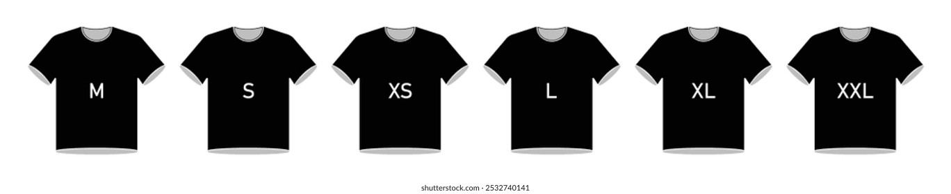 T-shirt size vector icon set in black color isolated on a white background. Clothing size label or tag. From xs to xxl. T-shirt icon collection. Vector illustration. Flat design.