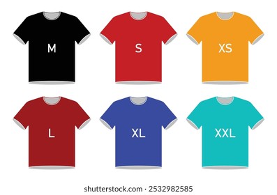 T-shirt size vector icon set in different color isolated on a white background. Clothing size label or tag. From xs to xxl. T-shirt icon collection. Flat design. Isolated vector illustration.