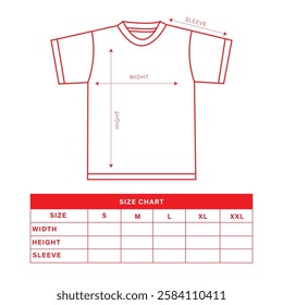 T-Shirt Sizing Chart for Men and Women. Unisex Short Sleeve Size Guide. Vector Art