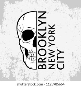 t-shirt with a skull image, dead head, rocker-style print, flat style, the inscription of new york city, vector