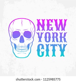 t-shirt with a skull image, dead head, rocker-style print, flat style, the inscription of new york city, vector