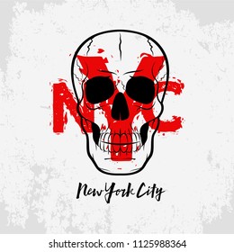 t-shirt with a skull image, dead head, rocker-style print, flat style, the inscription of new york city, vector