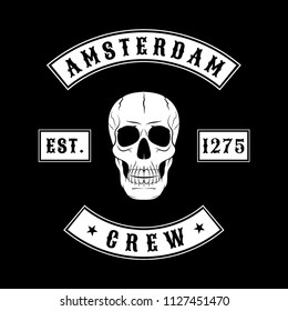 t-shirt with a skull image, dead head, rocker-style print, flat style, the inscription of new york city, vector, punk rock, amsterdam crew