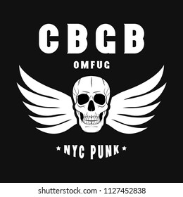 t-shirt with a skull image, dead head, rocker-style print, flat style, the inscription of new york city, vector, punk rock