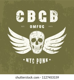 t-shirt with a skull image, dead head, rocker-style print, flat style, the inscription of new york city, vector, punk rock