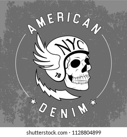 t-shirt with a skull image, dead head, rocker-style print, flat style, the inscription of new york city, vector, punk rock, american denim