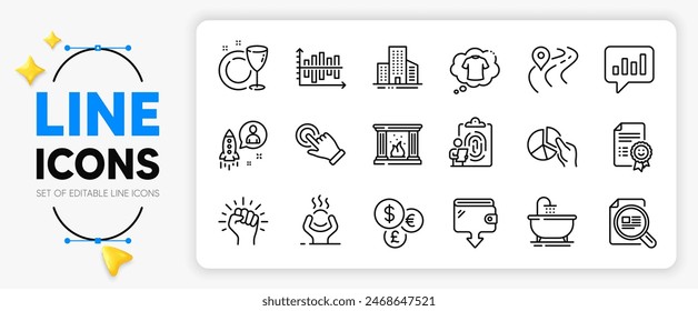 T-shirt, Smile and Analytical chat line icons set for app include Check article, Diagram chart, Buildings outline thin icon. Bath, Road, Empower pictogram icon. Pie chart, Money currency. Vector