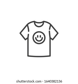 T-shirt with smiley print line icon. linear style sign for mobile concept and web design. Short sleeve t-shirt with emoji outline vector icon. Symbol, logo illustration. Vector graphics