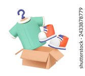 T-shirt and sneakers floating out of a box. New Apparel and Shoes Unboxing. Online purchase, sale, delivery of garment. 3D vector icon isolated.