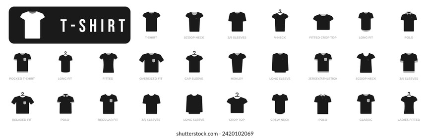T-shirt solid icons set. Collection of tshirt. Sim, fitted, long, relaxed, v-neck etc. Filled icons