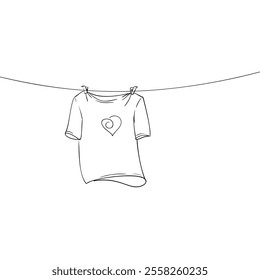 T-shirt with spiral heart print drying on a clothesline attached with clothespins, Hand drawn illustration, Vector sketch