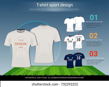 T-shirt sport design for football club on soccer playing field background, Front and back view jersey shirt uniform, Sport slim fit apparel mock up, Easy modify photo file to add logo into your team.