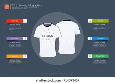 T-shirt sport design, Process infographic with six steps or options for your design, Front and back view jersey uniform, Slim fit apparel mock up, Easy to modify photo file to add logo to shirt.