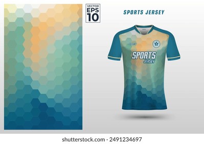 T-shirt sport design template with geometric gradient hexagon pattern for soccer jersey. Sport uniform in front view. Shirt mock up for sport club. Vector Illustration