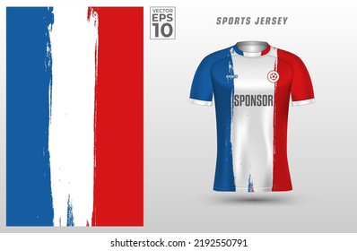 T-shirt sport design template with grunge France flag pattern for soccer jersey. Sport uniform in front view. T shirt mock up for sport club. Vector Illustration