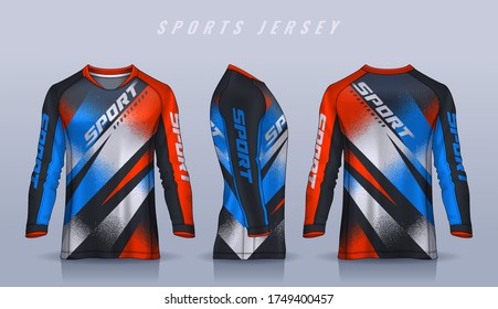 t-shirt sport design template, Long sleeve soccer jersey mockup for football club. uniform front and back view, Motocross jersey.