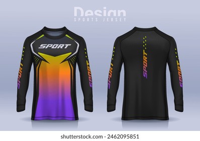 Plantilla de diseño deportivo de camiseta, maqueta de camiseta de fútbol de manga larga para club de fútbol. vista frontal y posterior uniforme, camiseta de Motocross.