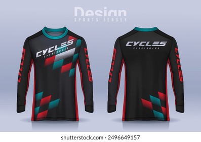 Plantilla de diseño deportivo de camiseta, Maqueta de jersey de fútbol de manga larga para el club de fútbol. vista frontal y trasera uniforme, jersey de motocross.