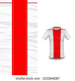 T-shirt sport design template with red abstract grunge pattern for soccer jersey. Sport uniform in front view. Tshirt mock up for sport club. Vector Illustration