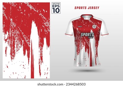 Plantilla de diseño deportivo de camisetas para la camiseta de fútbol con patrón hexagonal geométrico sobre fondo de grunge rojo y blanco. Uniforme deportivo en la vista frontal. La camiseta se burla del club deportivo. Ilustración vectorial