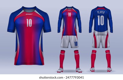 Plantilla de diseño deportivo de camiseta, maqueta de camiseta de fútbol para club de fútbol. vista frontal y posterior uniforme.