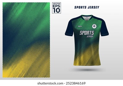 T-shirt sport design template for soccer jersey with green and yellow halftone pattern background. Sport uniform in front view. Tshirt mock up for sport club. Vector Illustration