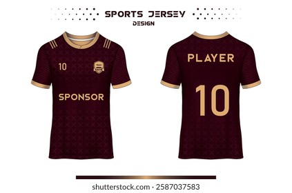 t-shirt sport design template, Soccer jersey mockup for football club. uniform front and back view. Maroon golden Sports tshirt