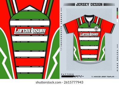 T-shirt sport design template for soccer jersey with green halftone pattern. Sport uniform in front view. Tshirt mock up for sport club. Vector Illustration