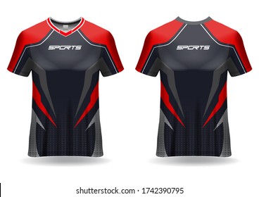 t-shirt sport design template, uniform sport jersey mockup front and back designs, black red color