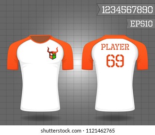 T-shirt sport design ,Vector Soccer jersey template, football sport shirt front and back model eps10 on grid
background with horn logo and number for edit, 