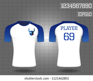 T-shirt sport design ,Vector Soccer jersey template, football sport shirt front and back model eps10 on grid
background with horn logo and number for edit, 