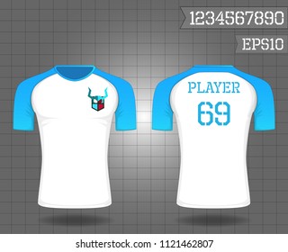 T-shirt sport design ,Vector Soccer jersey template, football sport shirt front and back model eps10 on grid
background with horn logo and number for edit, 