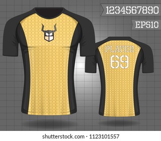 T-shirt sport design ,Vector Soccer jersey template, football sport shirt front and back model eps10 on grid background with horn logo and number for edit