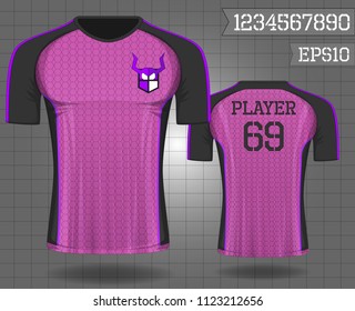 T-shirt sport design ,Vector Soccer jersey template, football sport shirt front and back model eps10 on grid background with horn logo and number for edit,