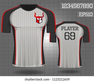 T-shirt sport design ,Vector Soccer jersey template, football sport shirt front and back model eps10 on grid background with horn logo and number for edit,