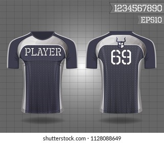T-shirt sport design ,Vector Soccer jersey template, football sport shirt front and back model eps10 on grid background with horn logo and number for edit,