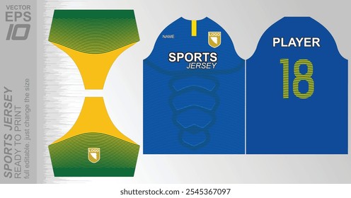 T-shirt sport jersey design Ready-to-print vector sports jersey design with a dynamic geometric line and halftone background. Perfect for team uniforms, featuring bold colors and modern styling